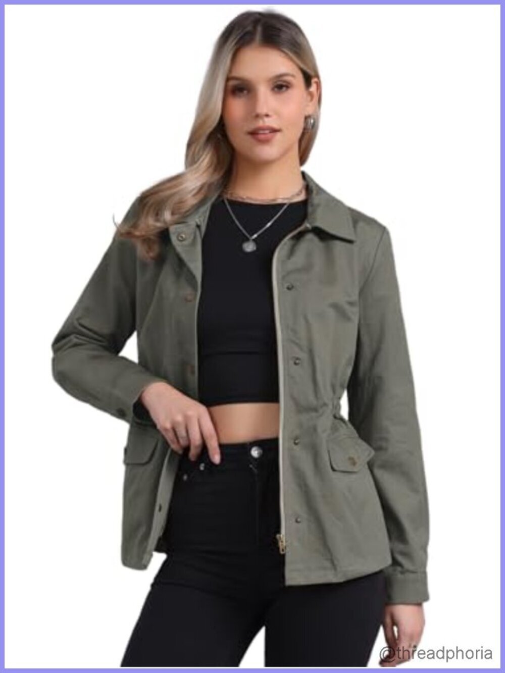 Women's Utility Jacket Zip Up Drawstring Waist Snap Buttons Lightweight Anorak